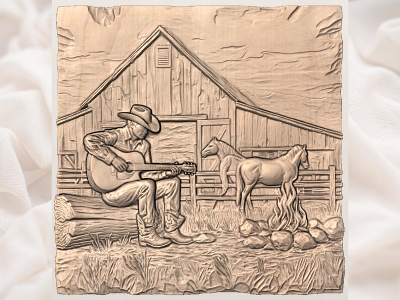 Western Cowboy Campfire 3D STL Relief view 3
