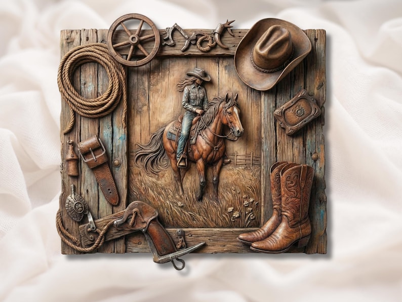 Western Cowboy Horse Collage 3D Relief STL bas-relief STL design