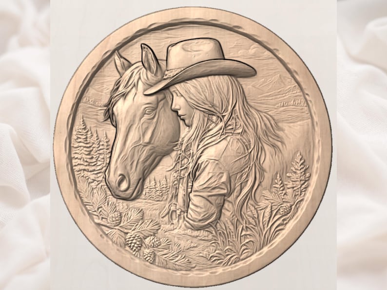 Western Cowgirl with Horse 3D Relief STL view 3