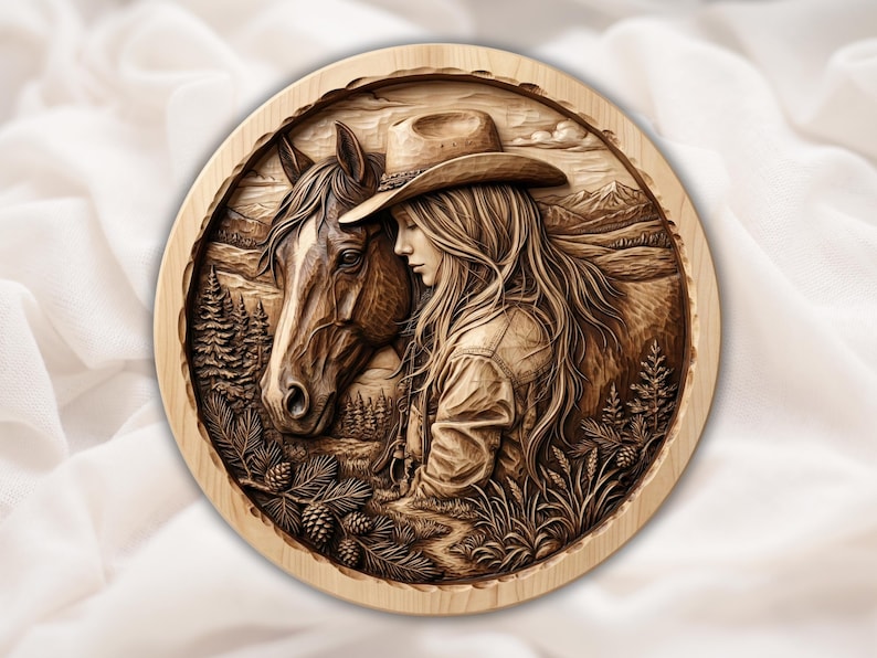 Western Cowgirl with Horse 3D Relief STL bas-relief STL design