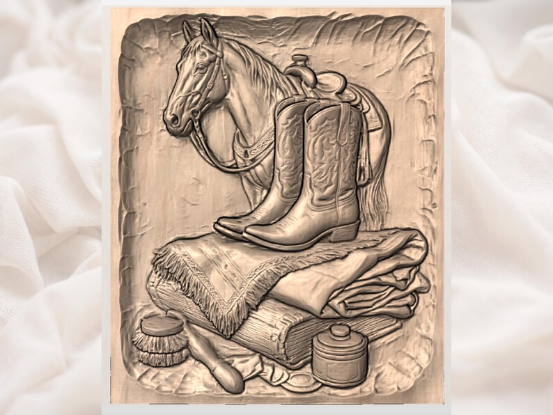 Western Horse & Cowboy Boots Relief STL view 3