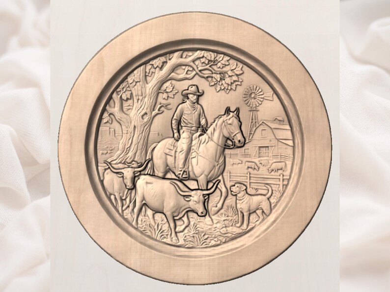Western Ranch Cowboy Bas Relief STL view 3