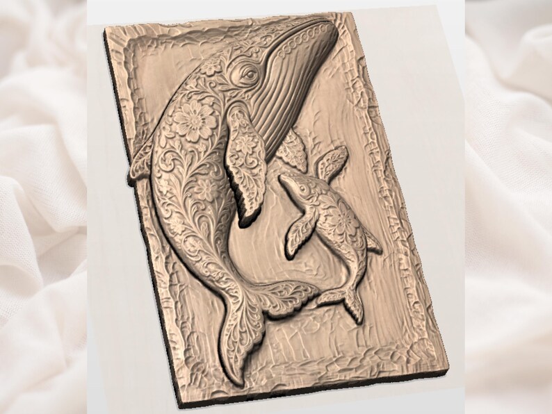 Whale family 3D Bas Relief STL view 2