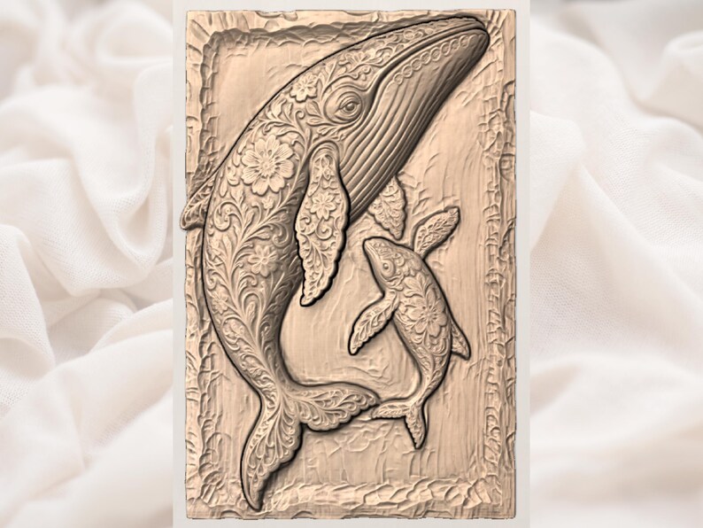 Whale family 3D Bas Relief STL view 3