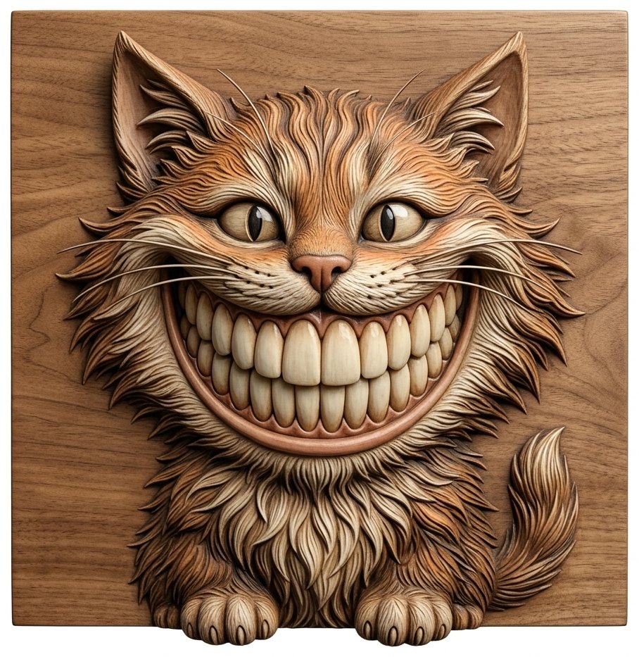 Whimsical Grinning Cheshire Cat Wood Carving CNC Relief STL bas-relief STL design