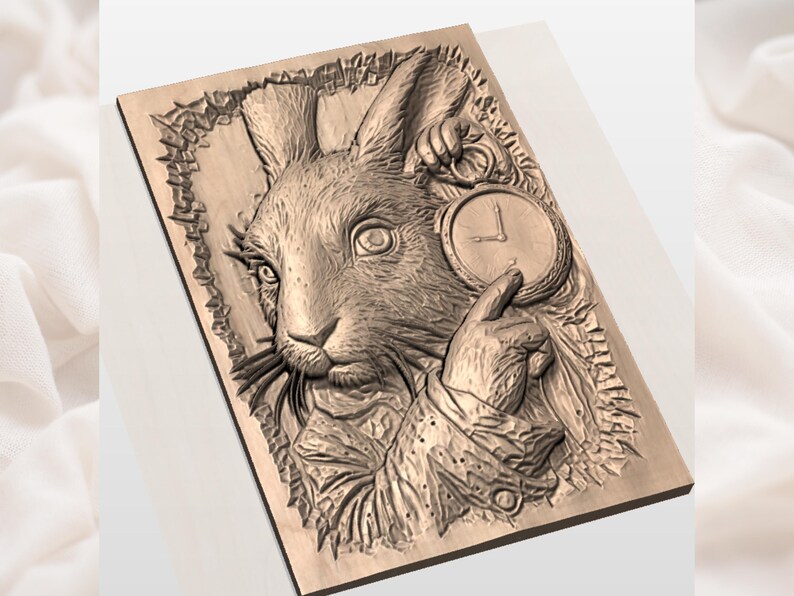 White Rabbit with Pocket Watch 3D Relief STL view 3
