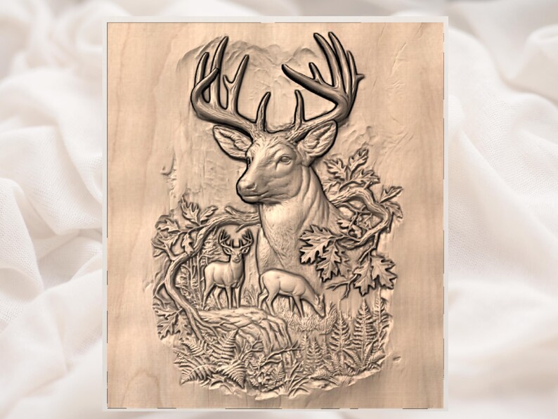 Whitetail Buck Forest Scene 3D Relief STL view 3