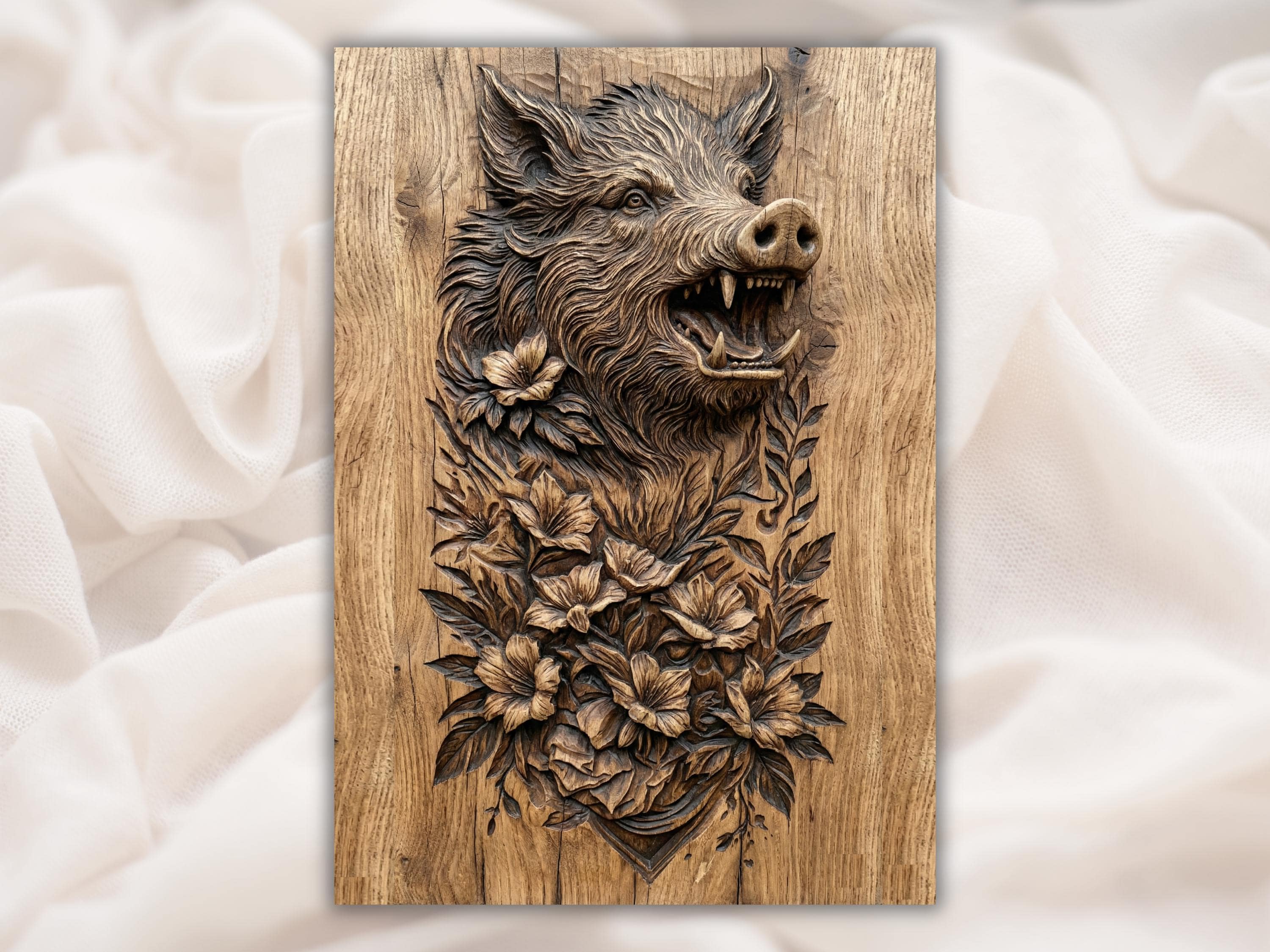 Roaring Wild Boar Head with Blossoms Bas-Relief STL bas-relief STL design