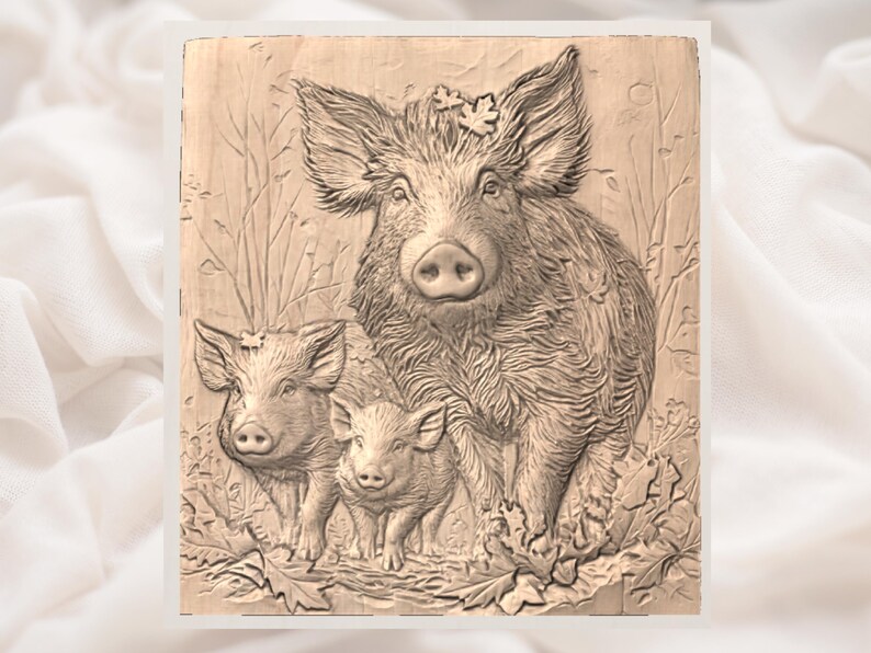 Wild Boar Family 3D Relief STL view 2