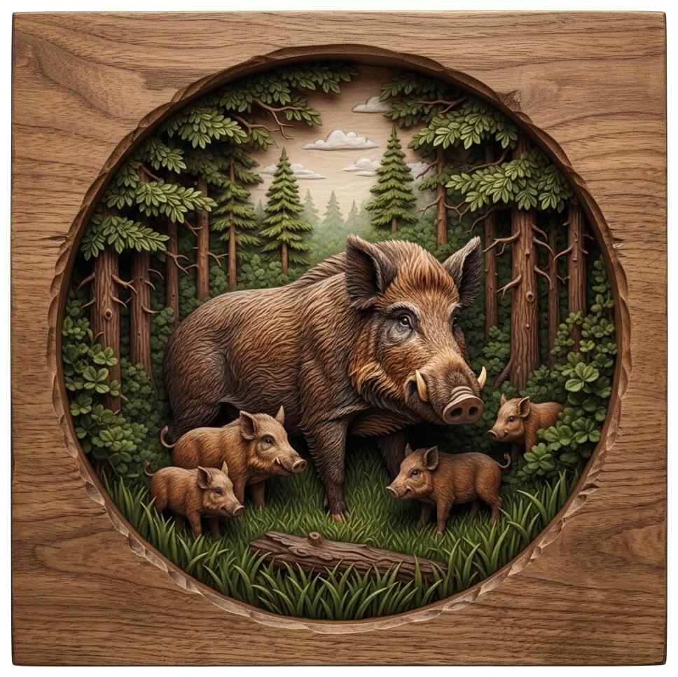 Wild Boar Family Forest Scene CNC Relief STL bas-relief STL design