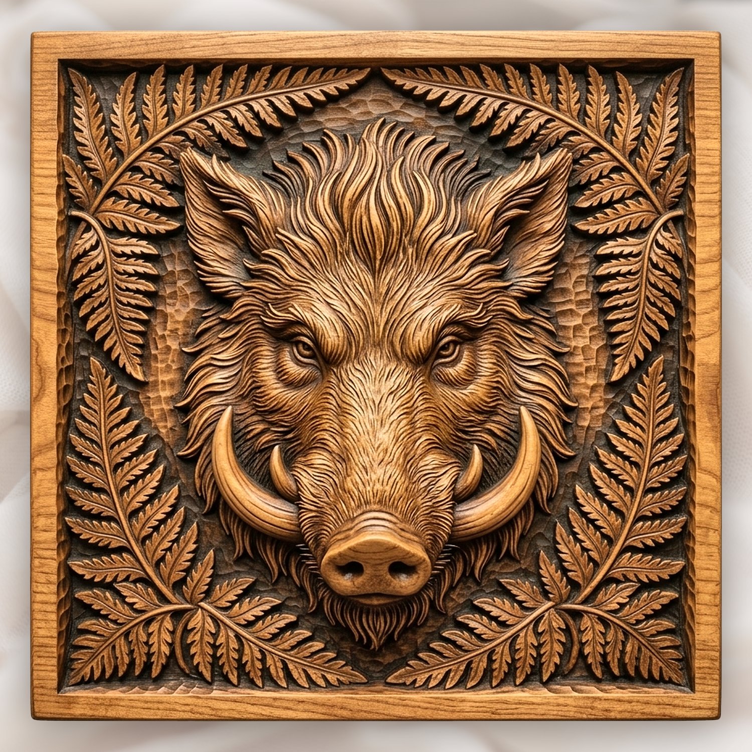 Wild Boar Head Forest Fern CNC Relief STL