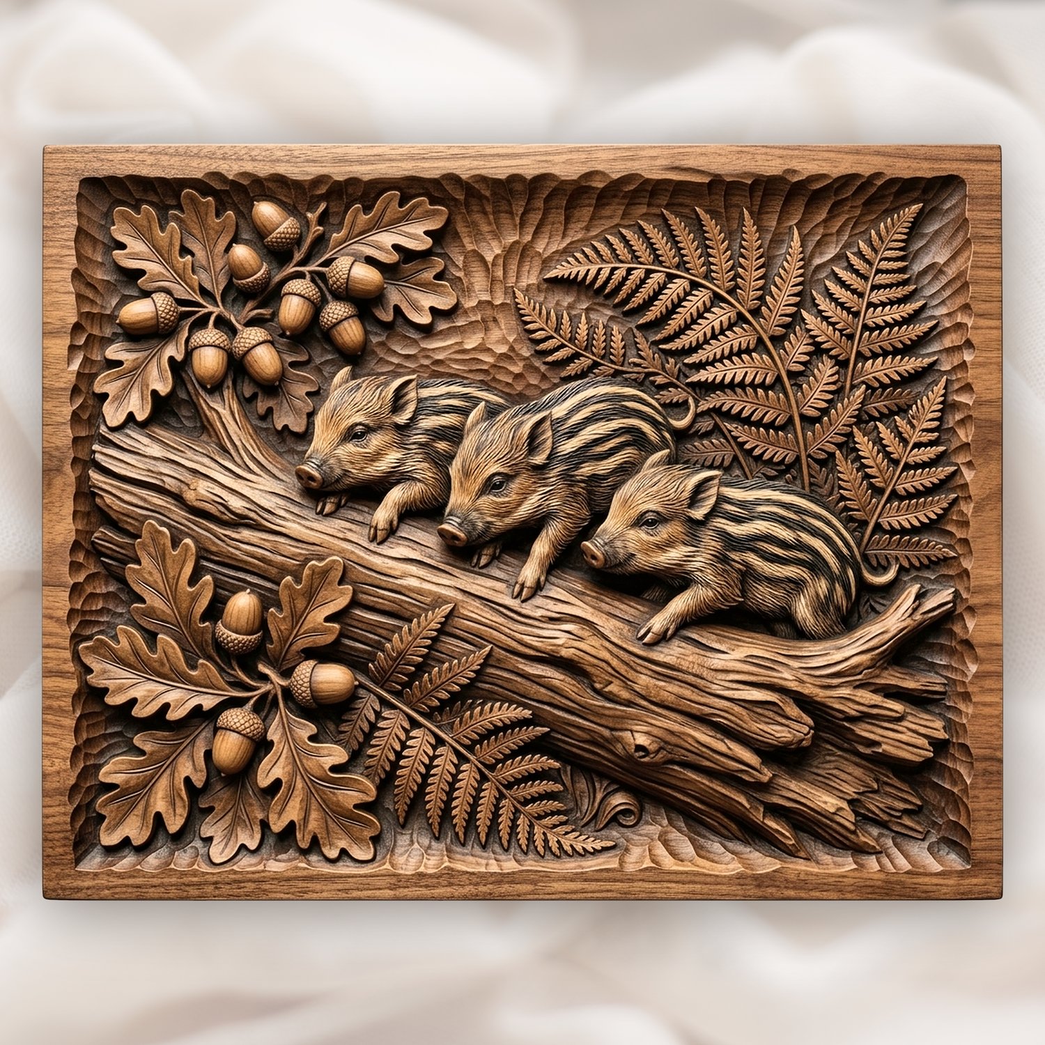 Wild Boar Piglets Oak Forest Scene CNC Relief STL
