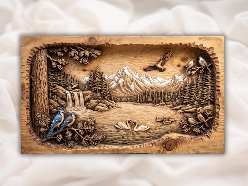 Wildlife Mountain Lake Bas Relief STL bas-relief STL