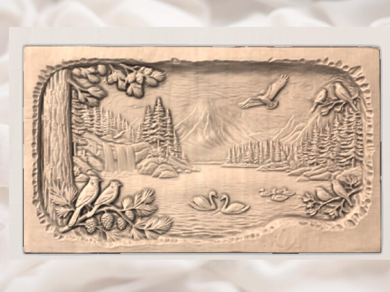 Wildlife Mountain Lake Bas Relief STL view 3