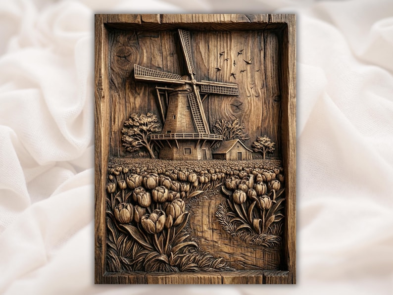 Windmill Tulip Field 3D Relief STL bas-relief STL design