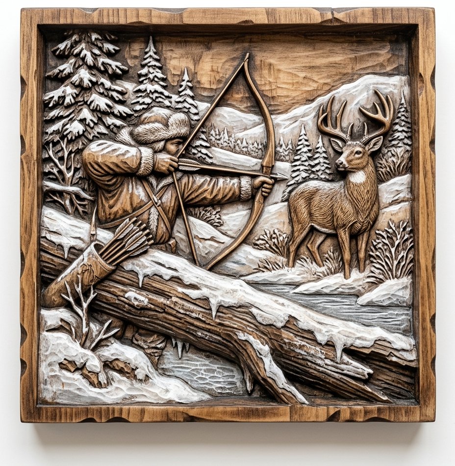 Winter Hunting Scene Wall Art bas-relief STL design
