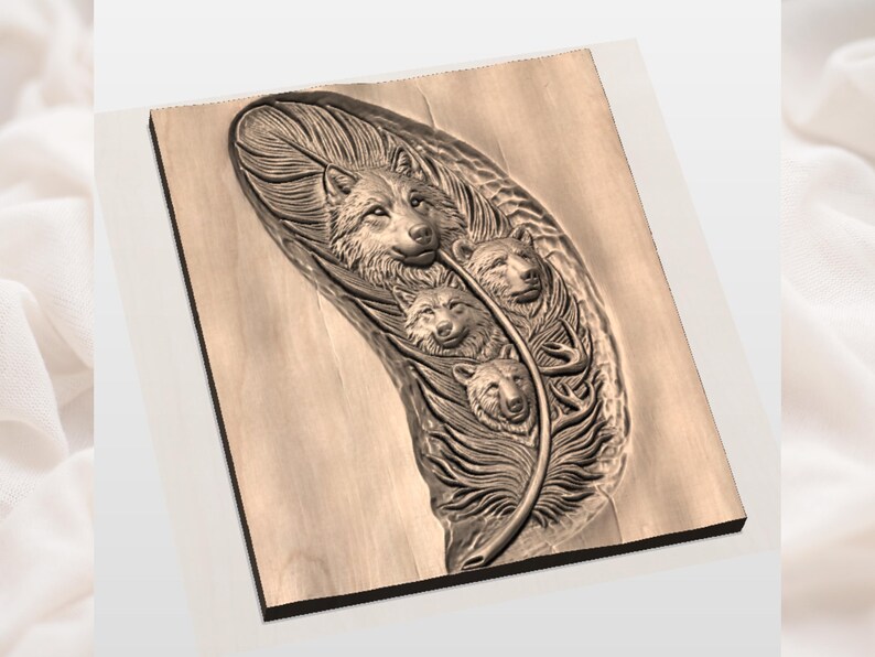 Wolf Family Feather Relief STL  CNC Router 3D Carving Model  Wildlife Spirit Animal Wood Grain Bas Relief Panel  Rustic view 2