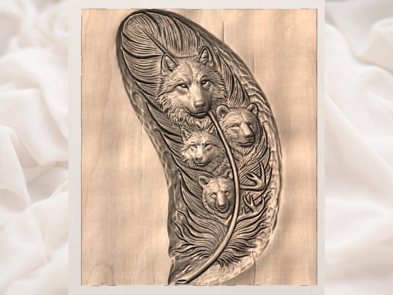 Wolf Family Feather Relief STL  CNC Router 3D Carving Model  Wildlife Spirit Animal Wood Grain Bas Relief Panel  Rustic view 3