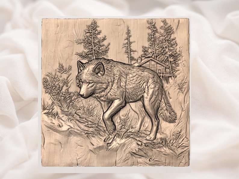 Wolf in Forest 3D Relief STL view 3