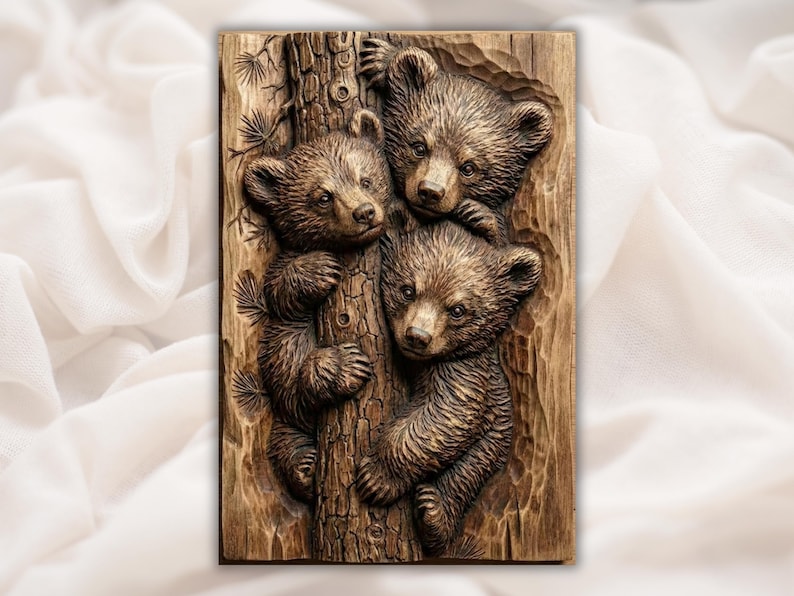 Woodland Bear Cubs 3D STL File bas-relief STL design