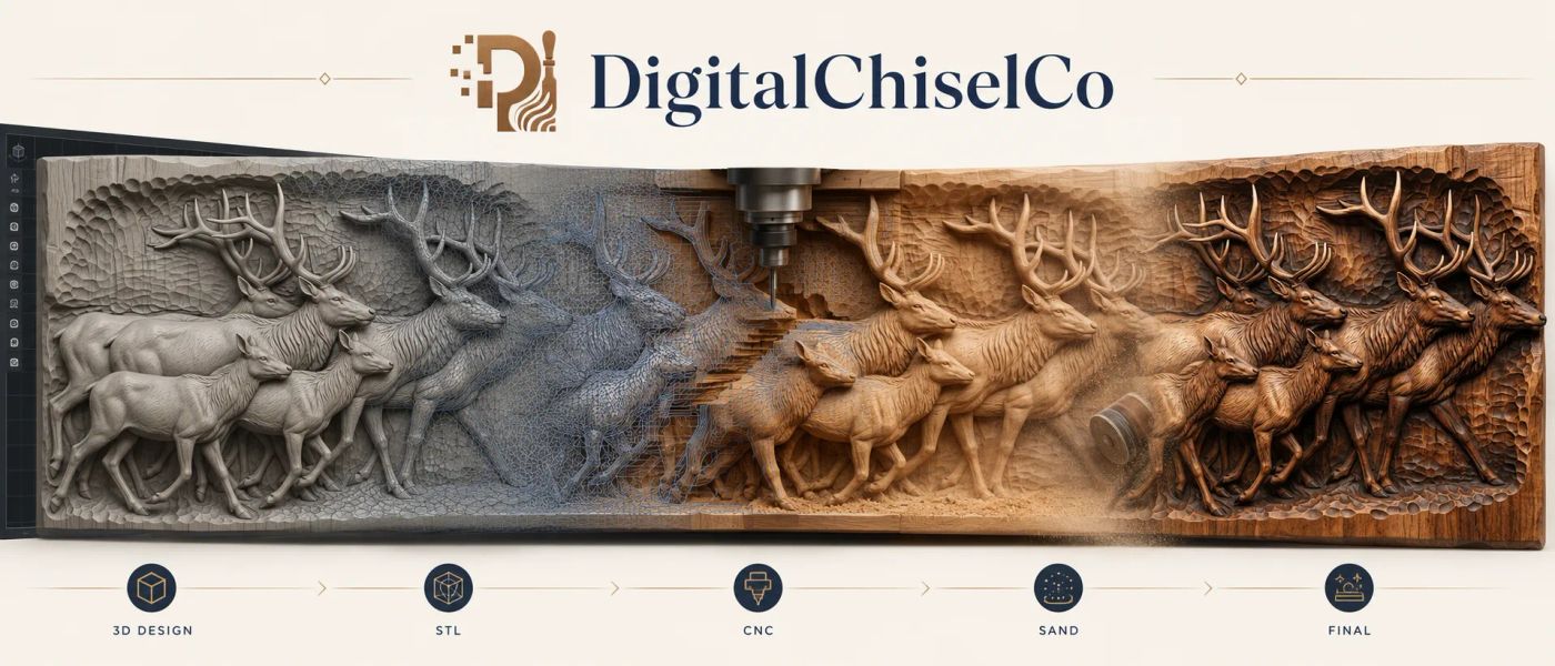 DigitalChiselCo bas-relief carving: from 3D design to STL to the finished carved panel