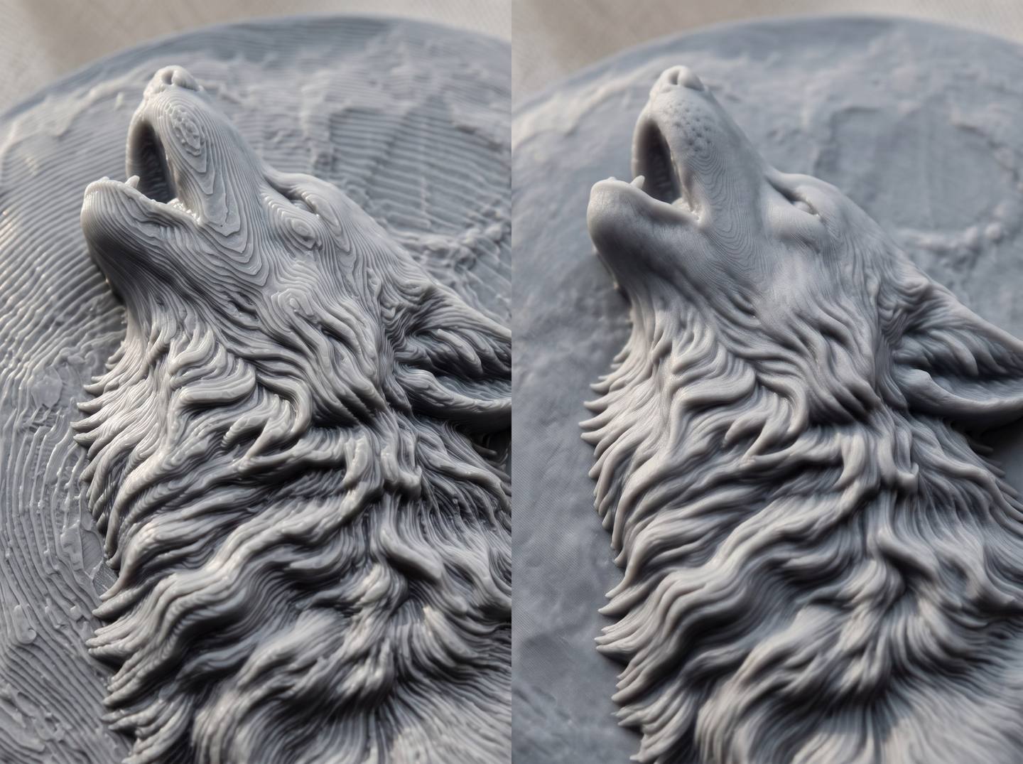 Macro of two raw grey prints of the same relief: one at a coarse layer height with visible stepping, one at a fine layer height that is smooth