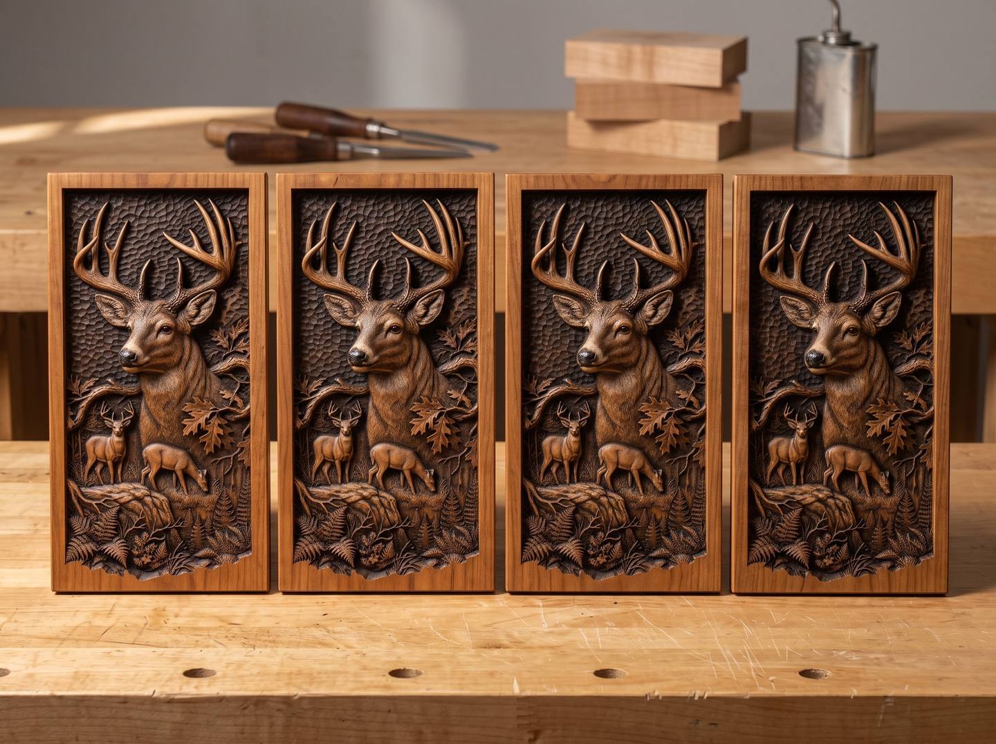 Four identical carvings of the same design side by side, indistinguishable from one another
