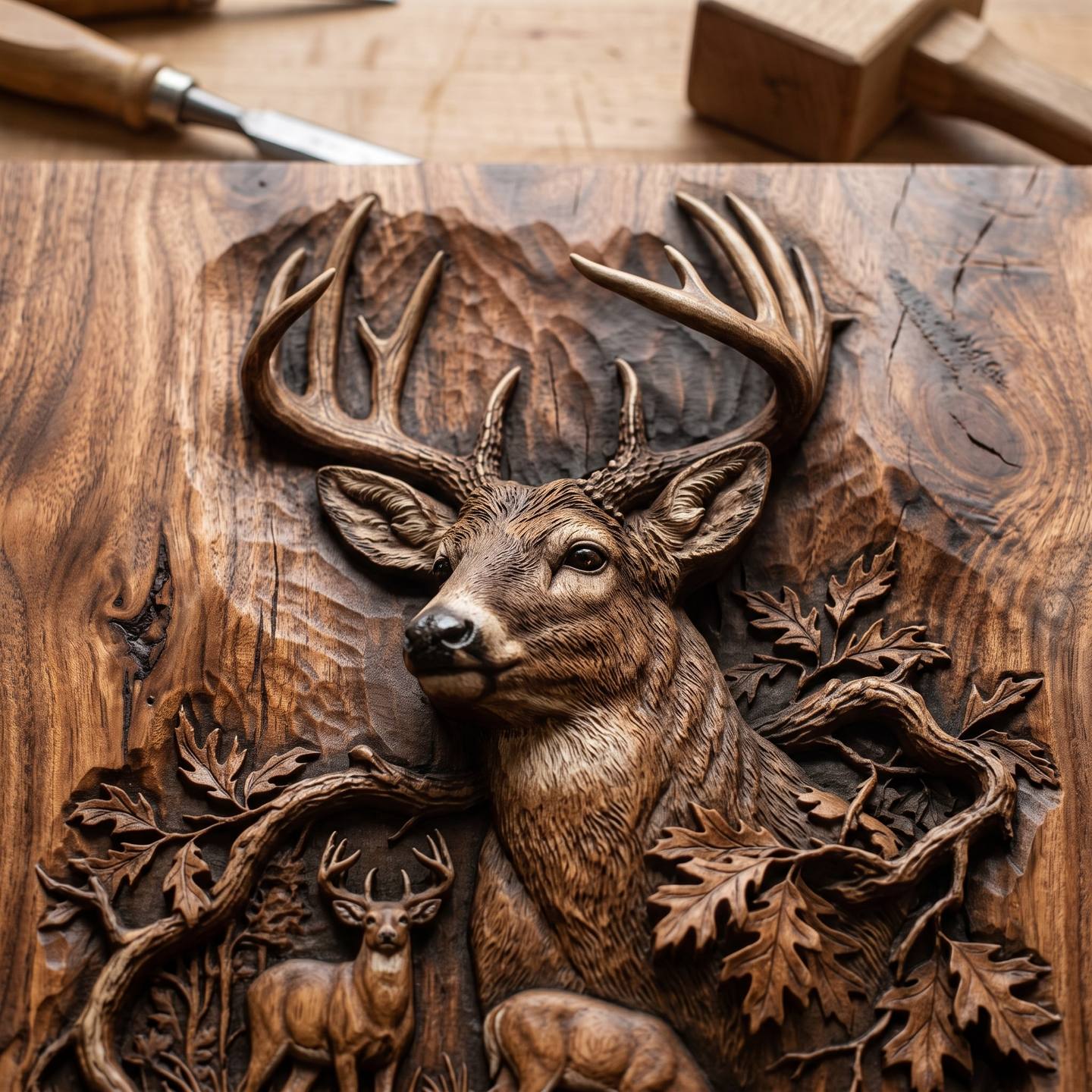 The buck's head carved in sapele with its ribbon stripe