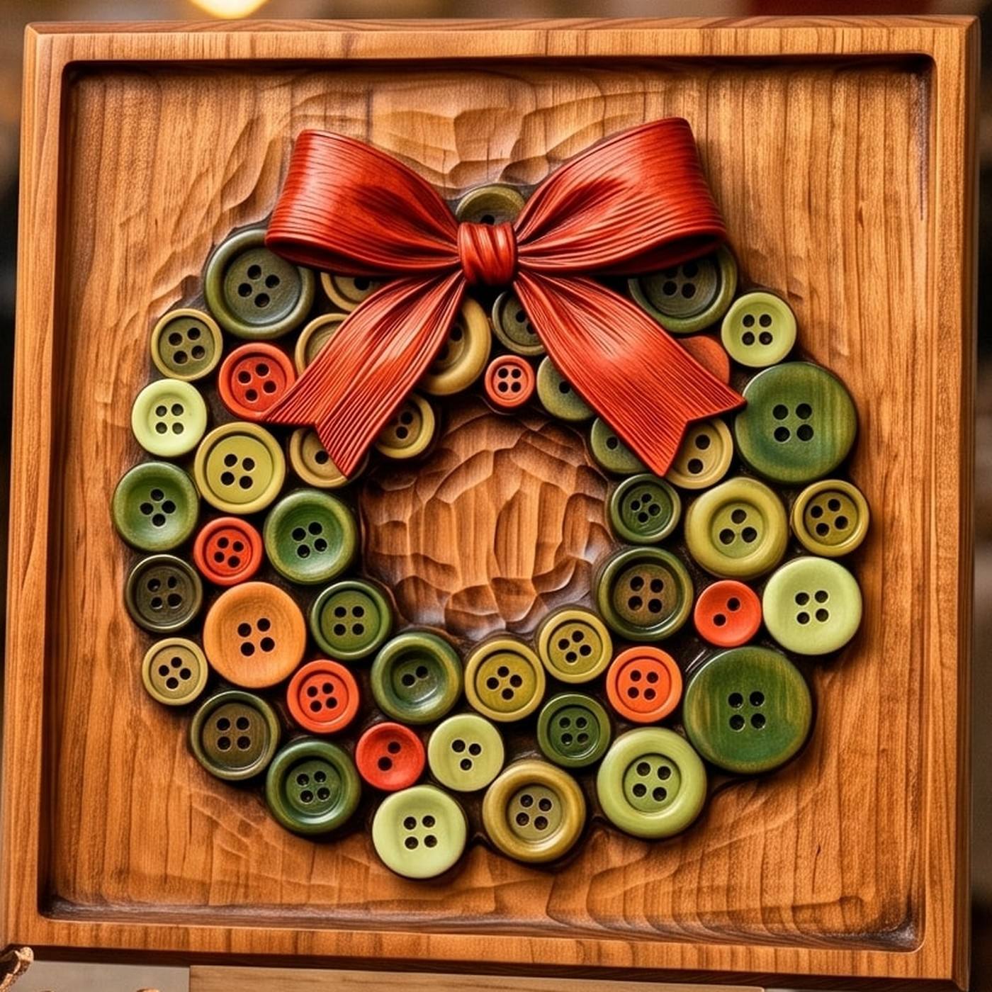 Close-up of a carved and painted button-art Christmas wreath relief: green, red and orange buttons carved from the same board as the frame, glossy on their painted tops, with a carved red bow