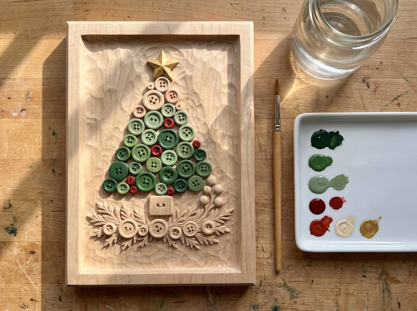 A carved button Christmas tree relief on a workbench, its tree buttons painted in shades of green with red accents and the base still bare maple, with a small brush and a palette of paint dabs beside it