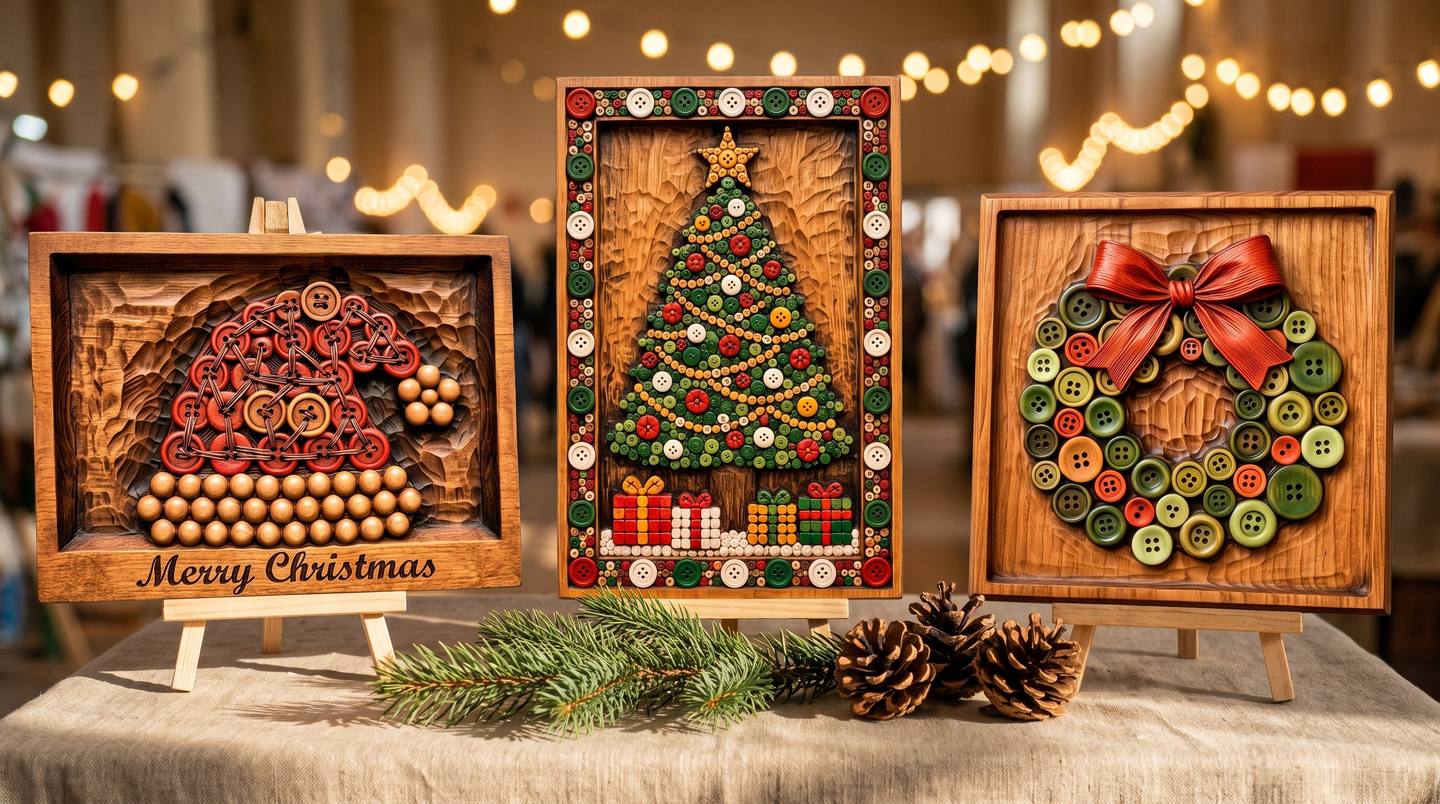 Three painted button-art Christmas relief panels, a Santa hat, a rustic Christmas tree and a button wreath, standing on a craft fair table with a sprig of fir
