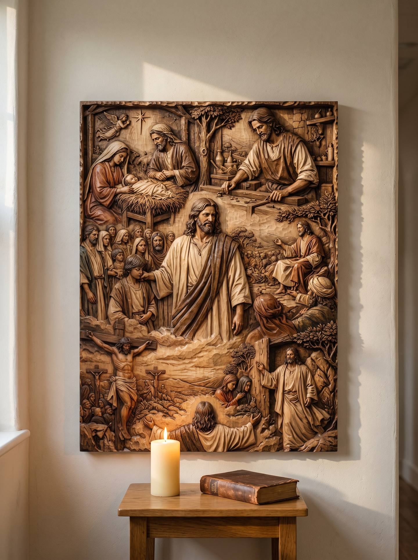 A carved wooden relief panel of the life of Jesus, from the nativity to the crucifixion, hanging on a plaster wall above a small oak side table with a candle