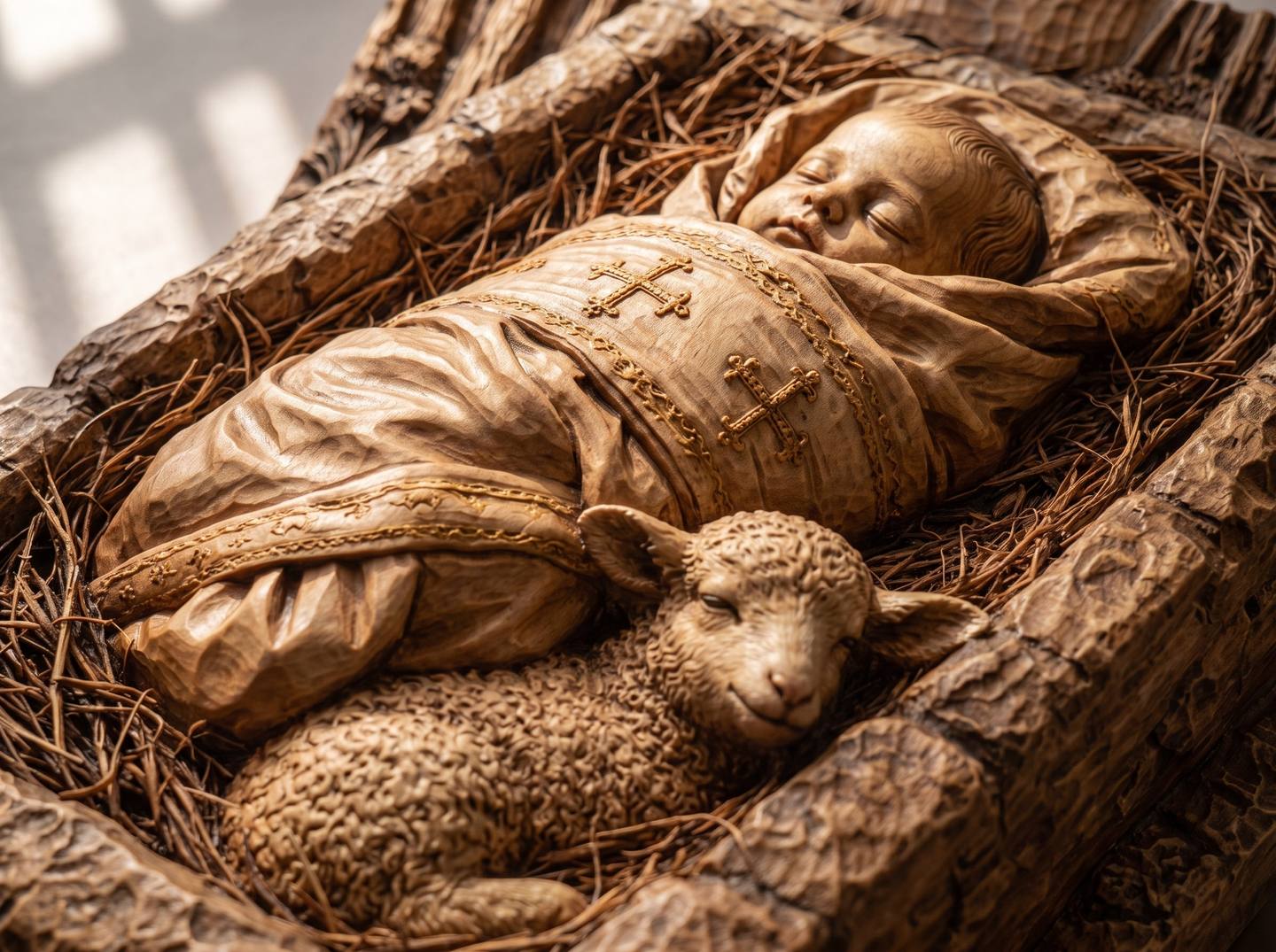 Close-up of a carved wooden relief of the infant Jesus asleep in the manger with a lamb, lit from the side so the swaddling folds and the lamb's fleece cast small shadows