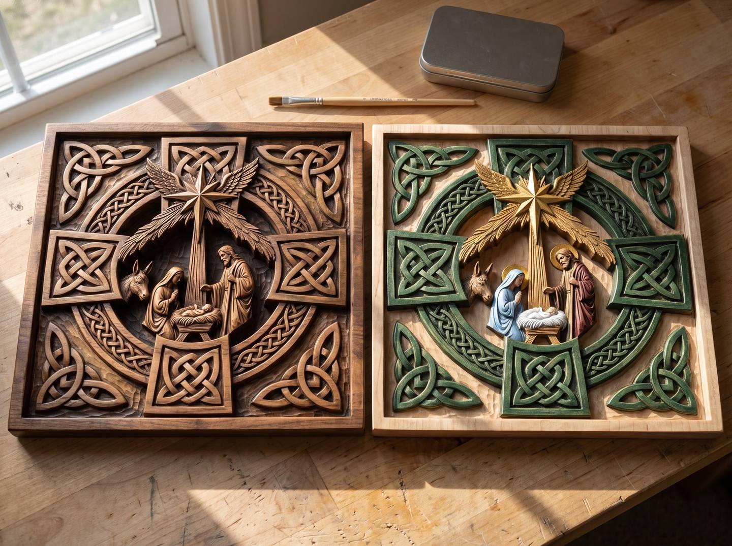 Two copies of the same Celtic nativity relief side by side: one in natural oiled walnut, one painted in traditional colours with Mary's robe in blue and the star in gold