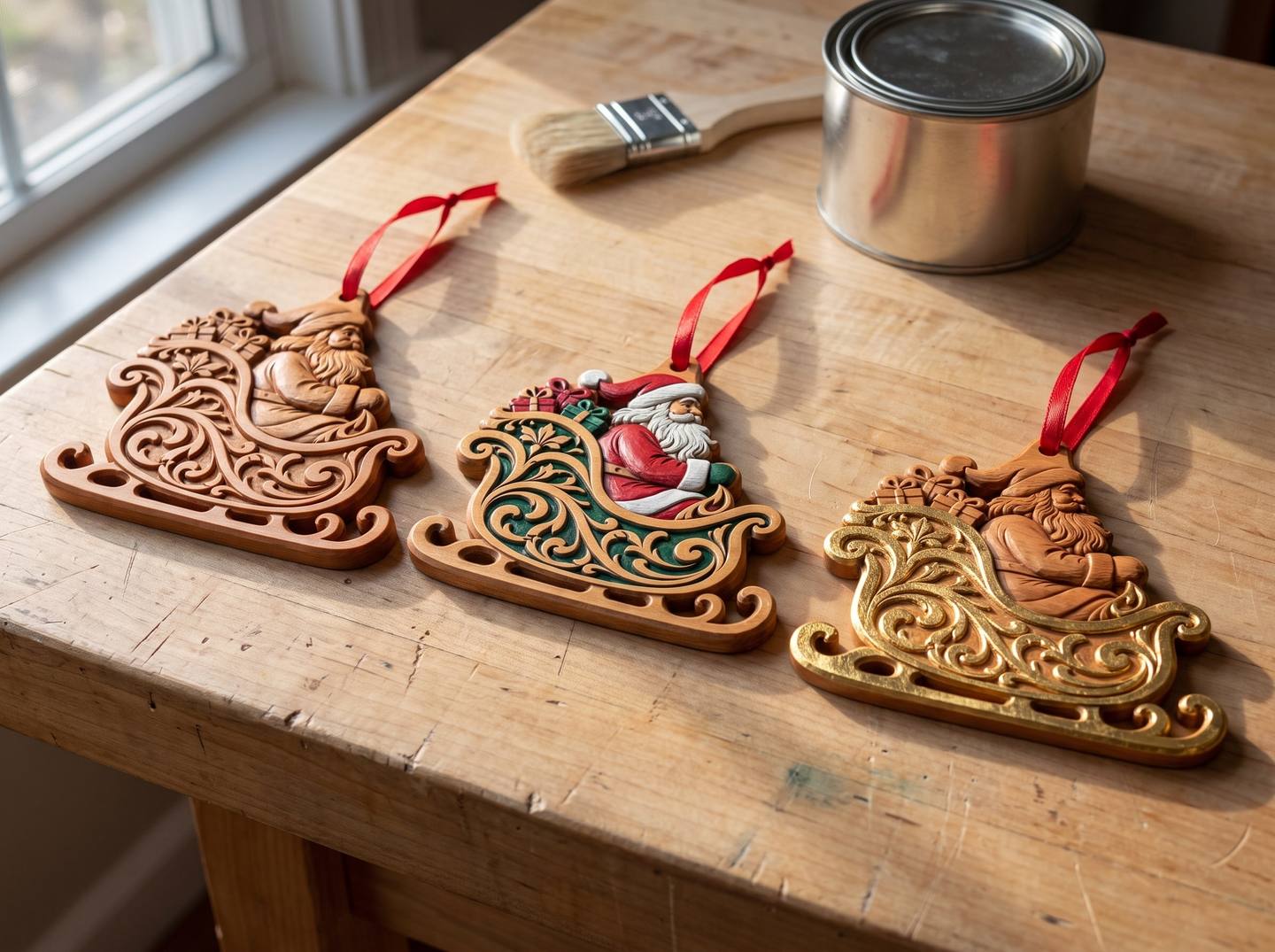Three copies of the same Santa sleigh relief ornament side by side: one in natural oiled wood, one hand painted in red and green, one natural wood with gold leaf accents