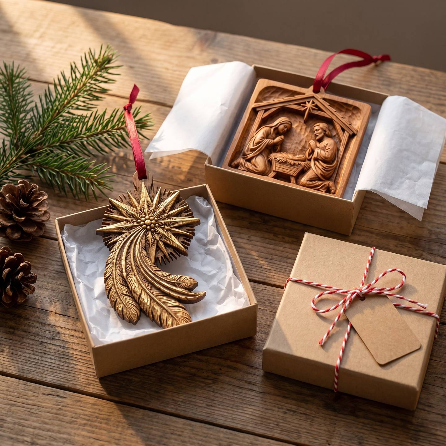 Finished carved wooden star and Holy Family ornaments packaged in small kraft gift boxes with tissue paper and red ribbon on a wooden table