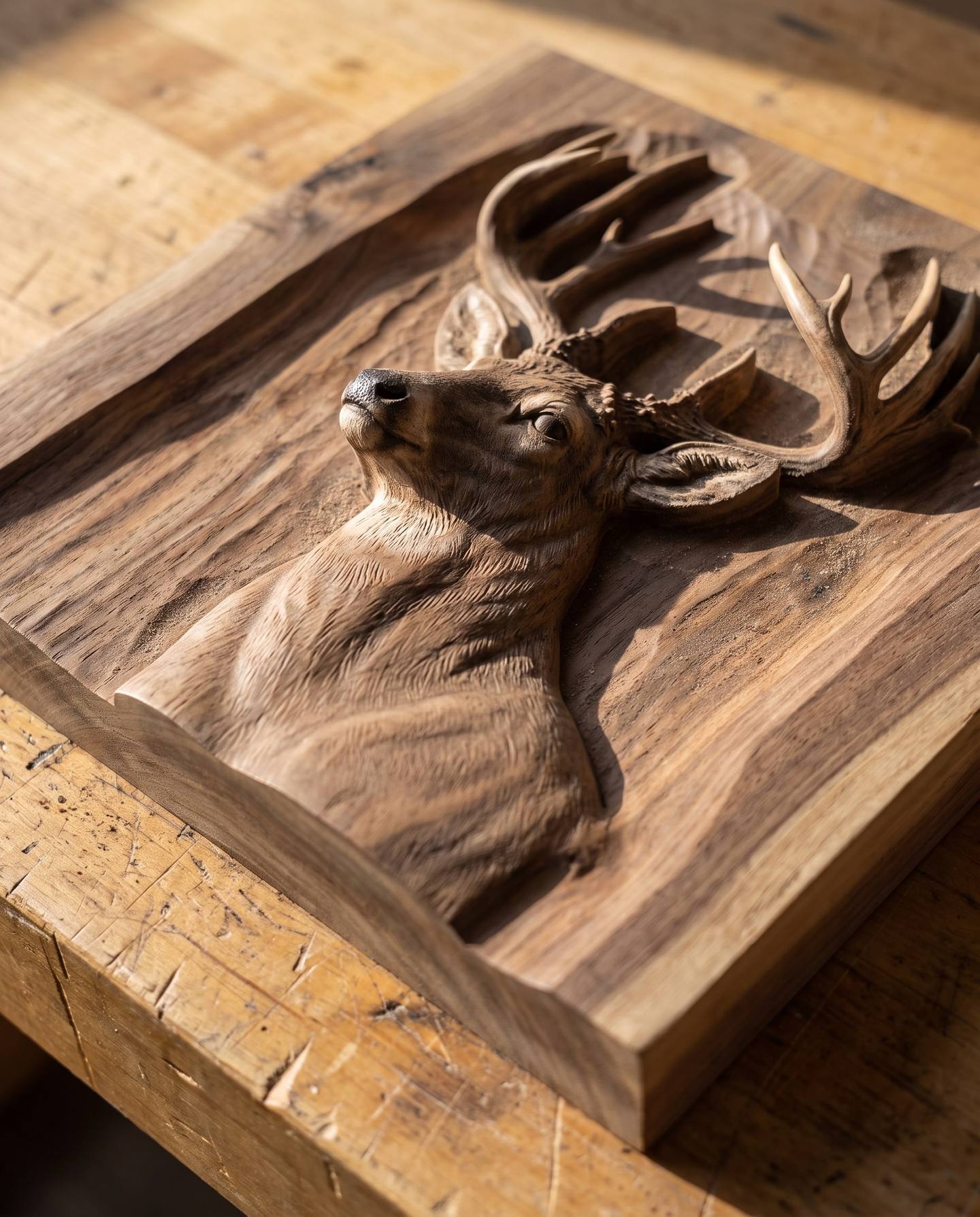 Close detail of a carved deer relief cut at a fine stepover, the surface smooth and even