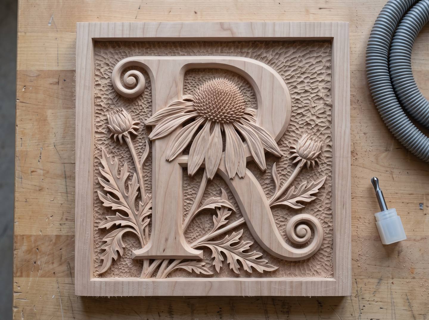 CNC relief carving straight off the machine, pale and fuzzy with visible tool marks