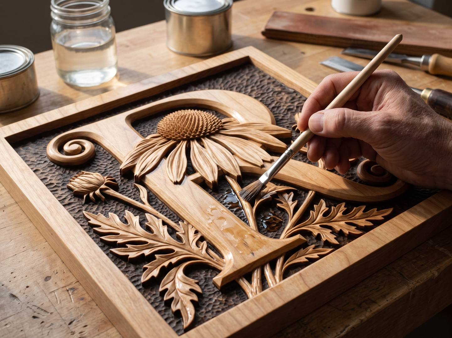 Pulling pooled finish out of the deep recesses of a carving with a dry brush