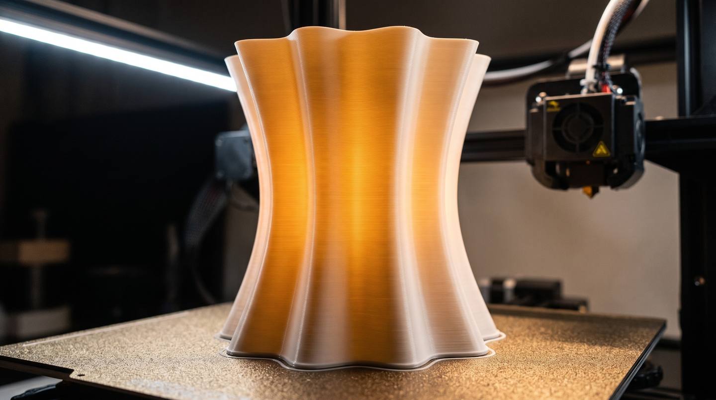 A finished single-wall lampshade standing on the textured print bed of a desktop 3D printer just after the print completed