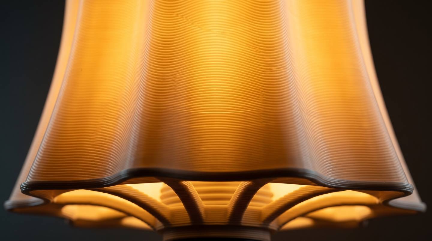 Close macro of the base of a lit printed lampshade showing the spoked bulb holder printed as part of the same piece