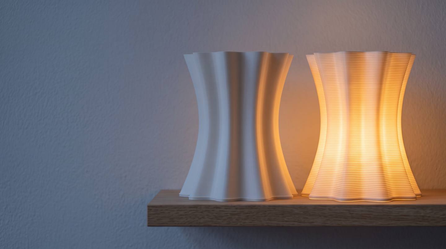 The same printed lampshade shown twice, one switched off and matte white, one lit and glowing warm from within