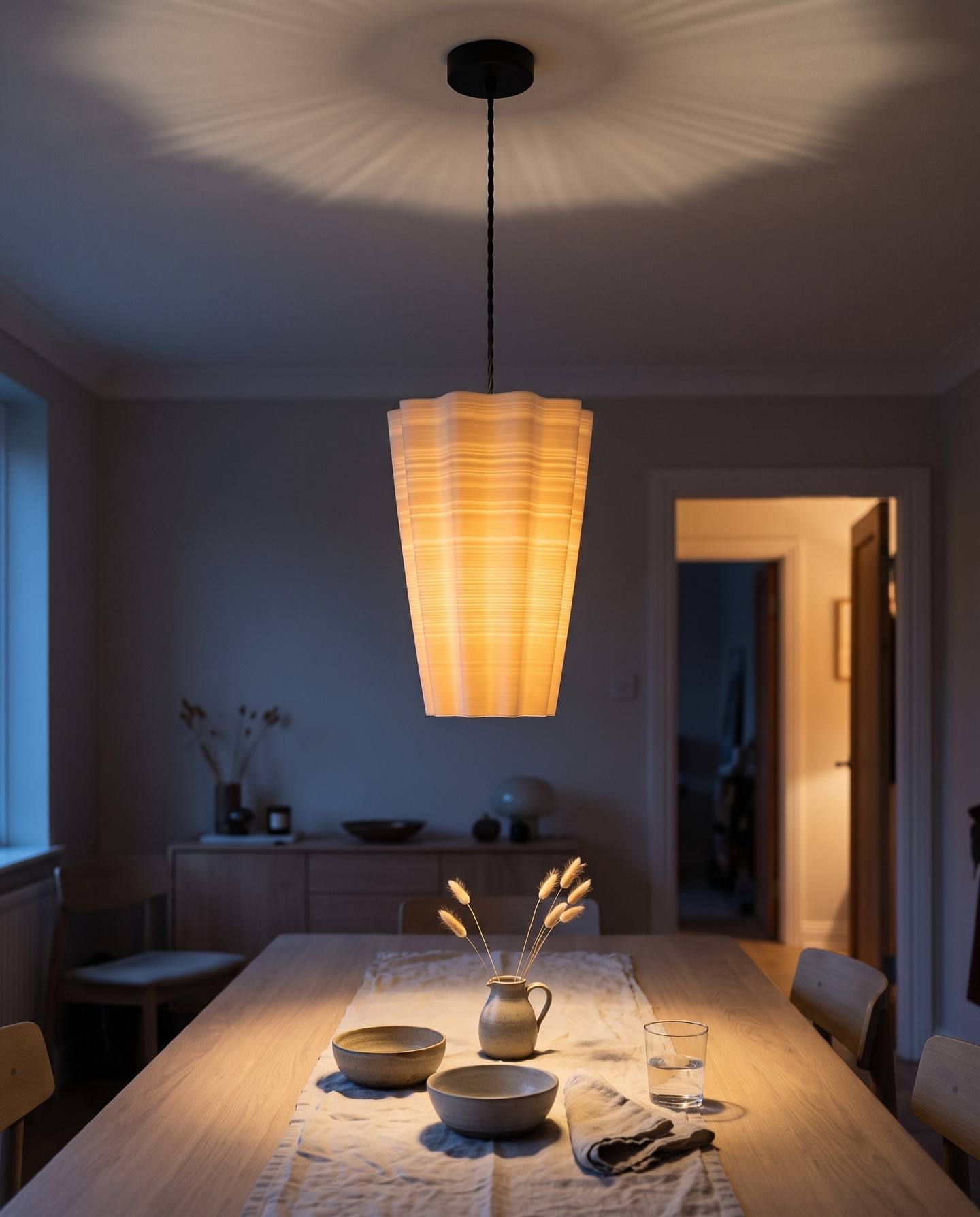 The same printed shade hung as a pendant over a dining table, throwing a fan of light and shadow across the ceiling
