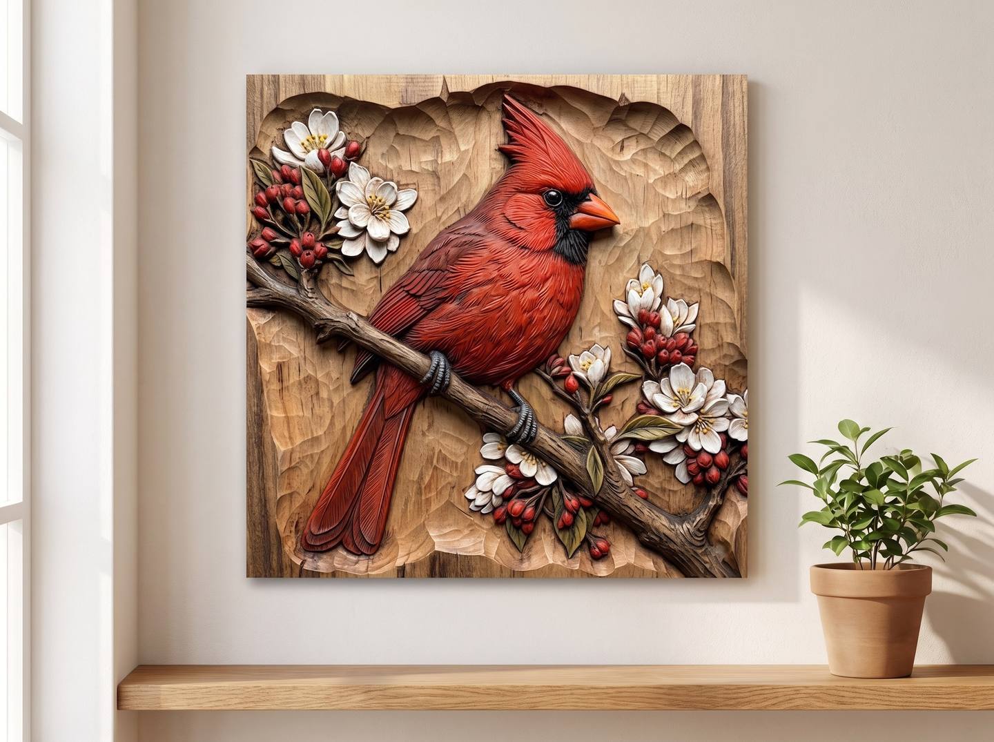 The finished tinted cardinal relief hanging on a pale wall in a home, daylight from a window