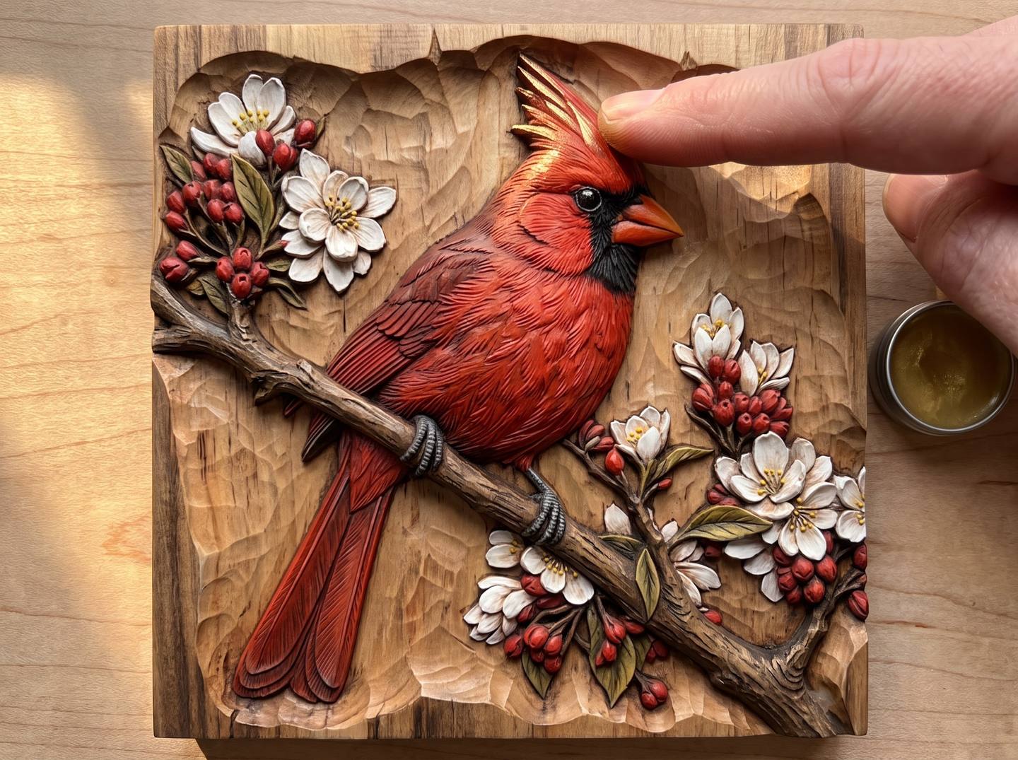 A fingertip rubbing a trace of antique-gold metallic wax onto the beak and a few feather tips of the finished cardinal