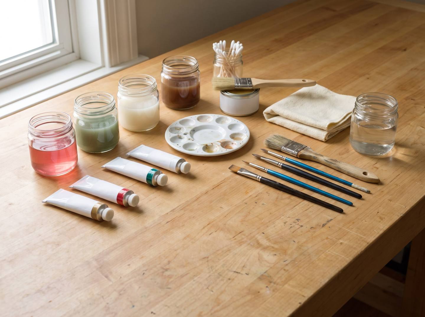 The materials for colouring a relief carving: thinned washes in jars, artist acrylics, synthetic brushes, sealer, cotton buds and rags