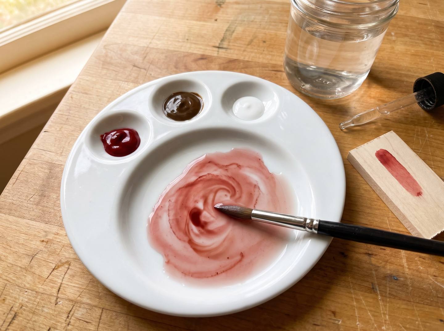 Mixing a thin translucent red wash on a white ceramic palette from a red, a brown and a white