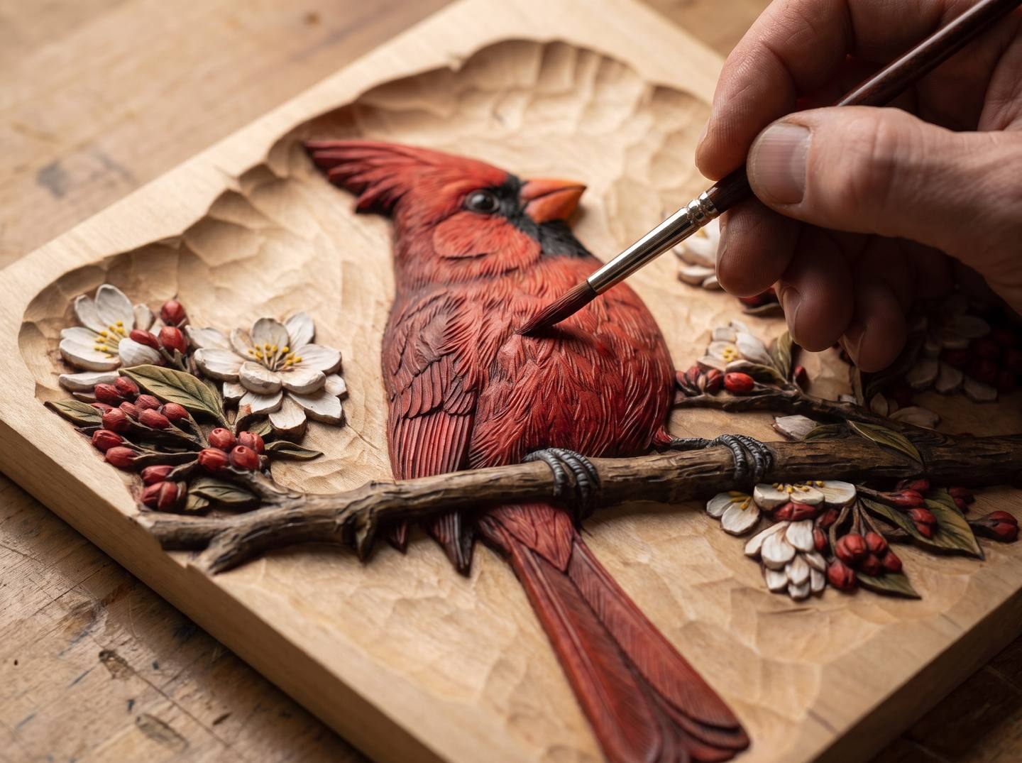 Close-up of a second darker red wash being laid into the shadows between the cardinal's feather rows