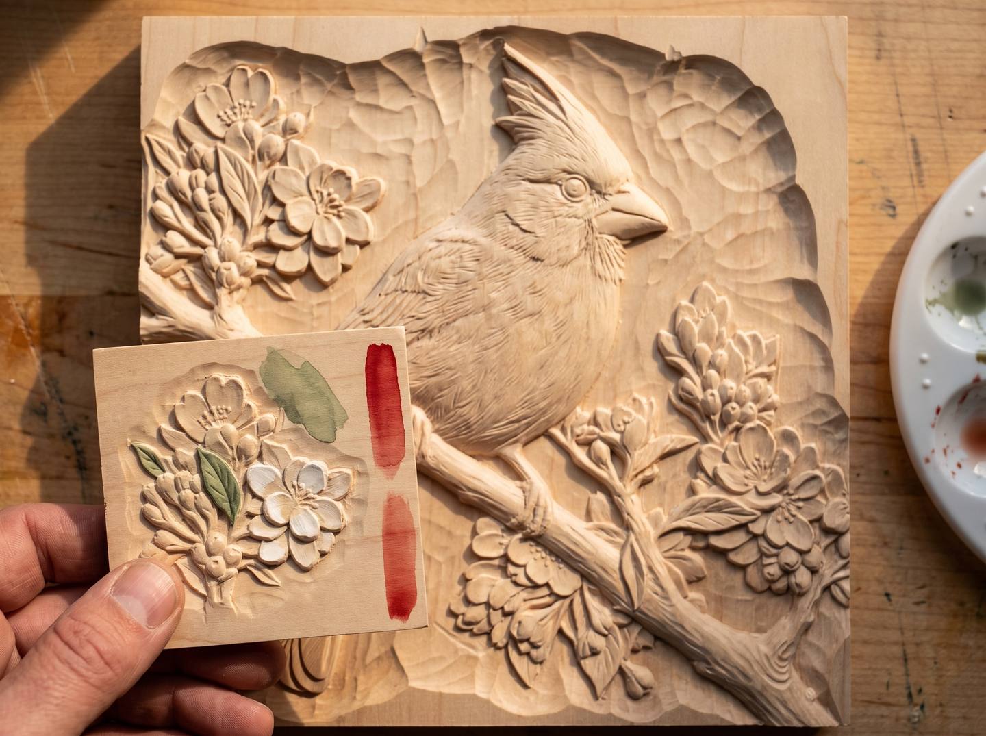 A small test tile carved with one blossom cluster from the same design, with trial washes on it
