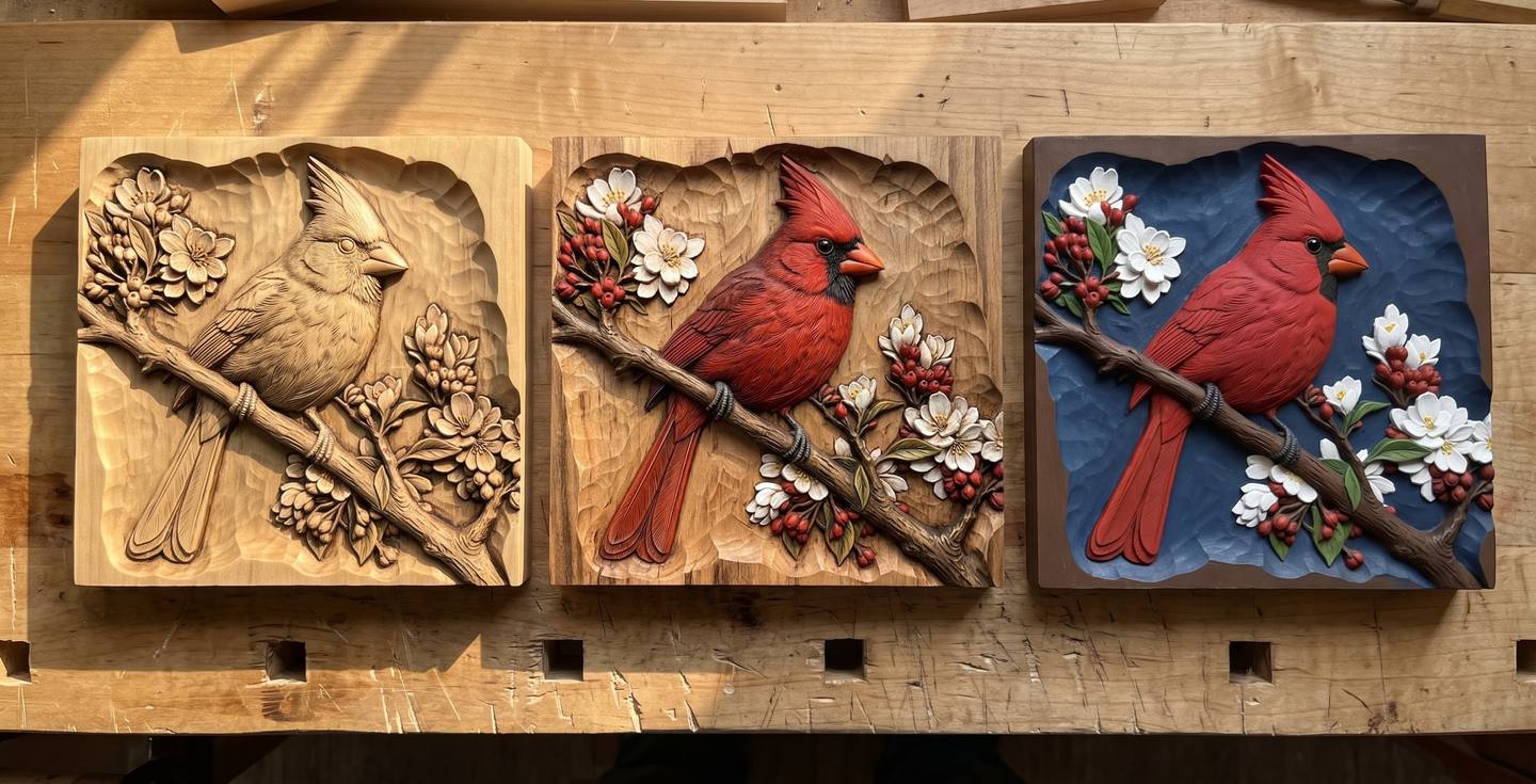 The same cardinal design finished three ways: natural glazed wood, tinted washes, and opaque paint